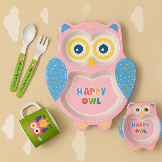 🦉 Happy Owl – 5-Piece Bamboo Kids Dinner Set